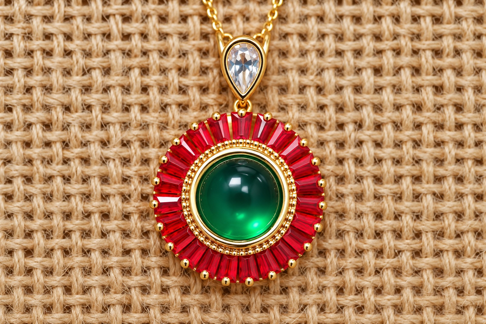 Emerald pendant with a ruby-red sunburst border and a clear teardrop stone